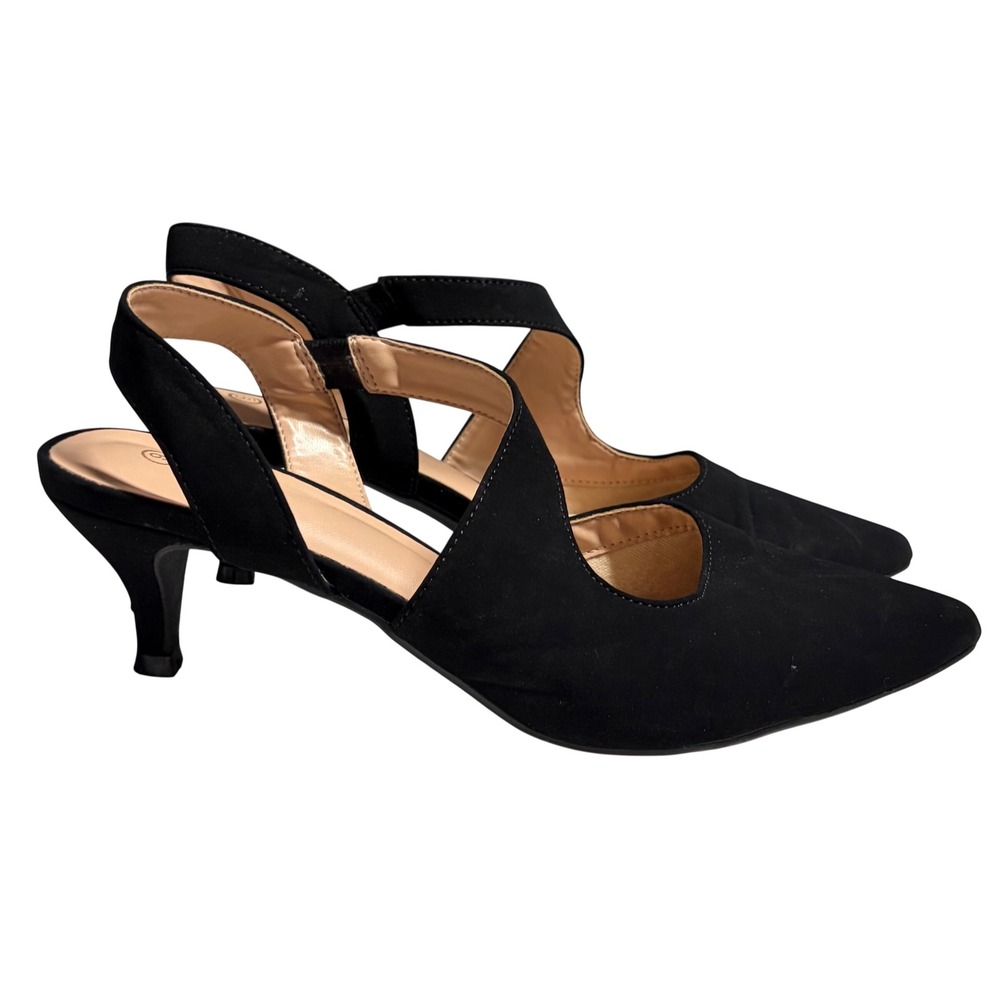 Womens Black Faux Suede Pointed Toe Asymmetrical Strap Kitten Heel Pumps Size 9